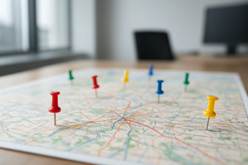 Close-up of a map with colorful push pins marking different locations, symbolizing exploration and opportunities.