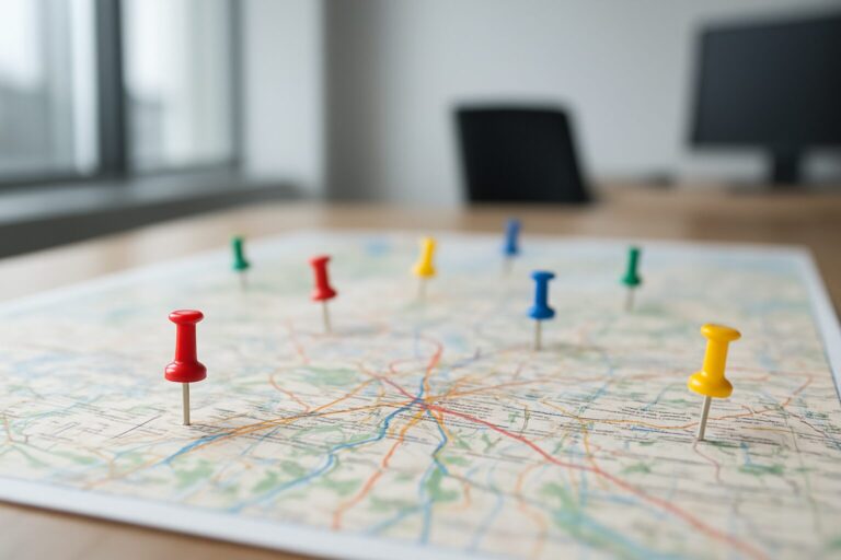 Close-up of a map with colorful push pins marking different locations, symbolizing exploration and opportunities.